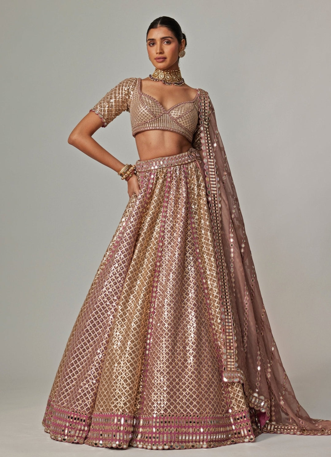 Beige And Blush Pink Metallic Lehenga With Half Sleeve Blouse Vvani by Vani Vats - Fabilicious Fashion