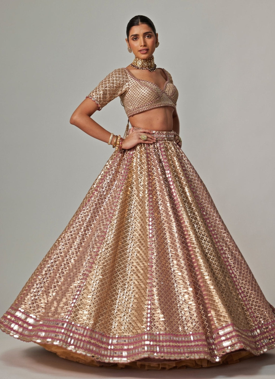Beige And Blush Pink Metallic Lehenga With Half Sleeve Blouse Vvani by Vani Vats - Fabilicious Fashion