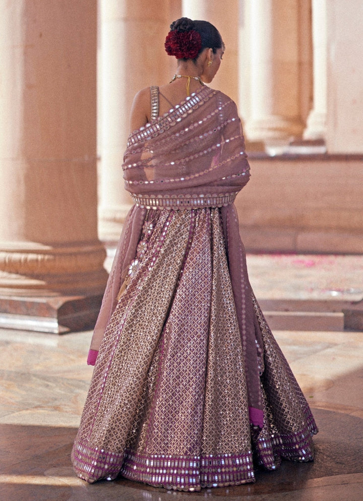 Beige And Blush Pink Metallic Lehenga With Sleeveless Blouse Vvani by Vani Vats - Fabilicious Fashion