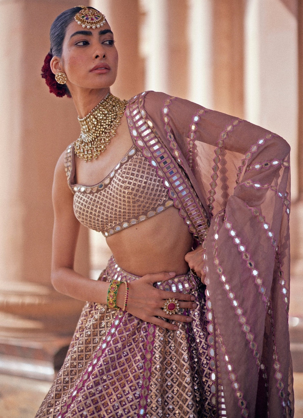Beige And Blush Pink Metallic Lehenga With Sleeveless Blouse Vvani by Vani Vats - Fabilicious Fashion