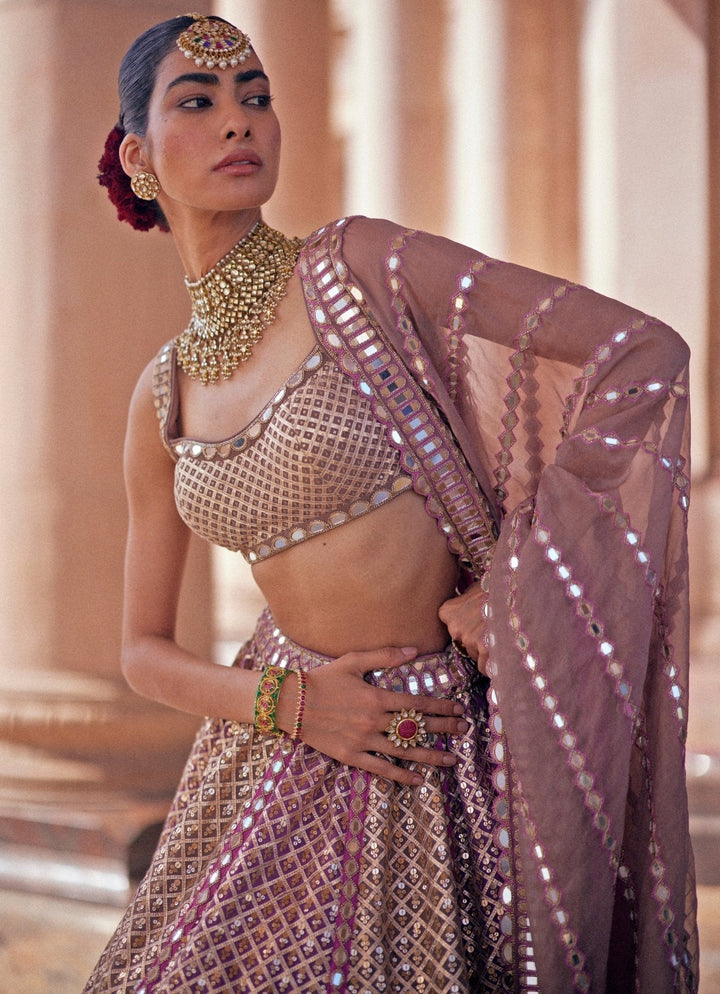 Beige And Blush Pink Metallic Lehenga With Sleeveless Blouse Vvani by Vani Vats - Fabilicious Fashion