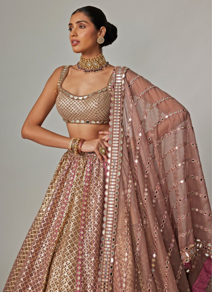 Beige And Blush Pink Metallic Lehenga With Sleeveless Blouse Vvani by Vani Vats - Fabilicious Fashion