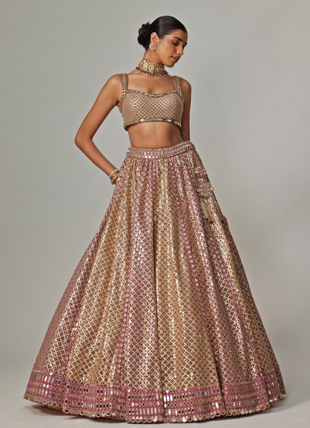 Beige And Blush Pink Metallic Lehenga With Sleeveless Blouse Vvani by Vani Vats - Fabilicious Fashion