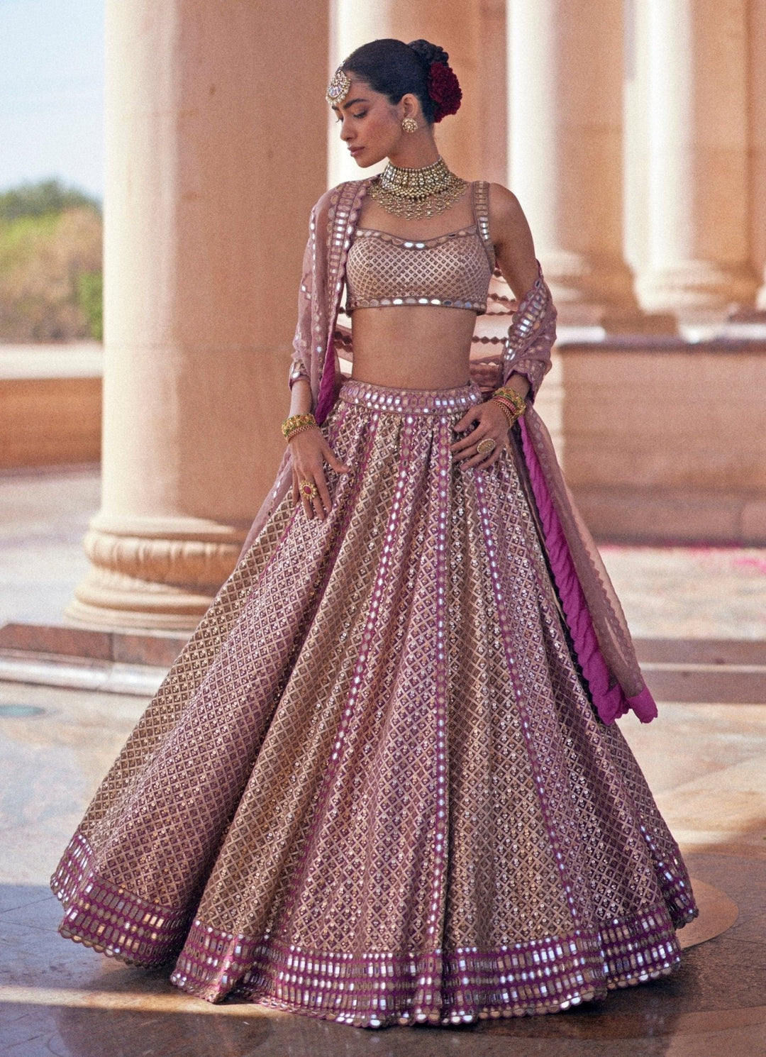 Beige And Blush Pink Metallic Lehenga With Sleeveless Blouse Vvani by Vani Vats - Fabilicious Fashion