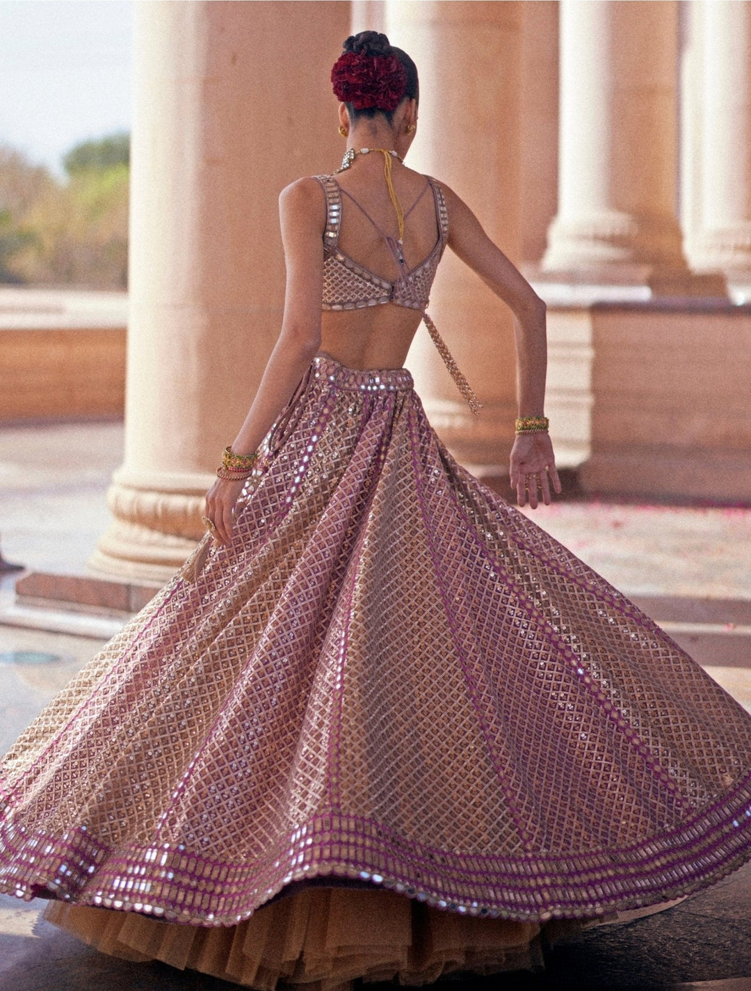Beige And Blush Pink Metallic Lehenga With Sleeveless Blouse Vvani by Vani Vats - Fabilicious Fashion