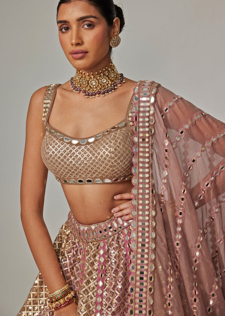 Beige And Blush Pink Metallic Lehenga With Sleeveless Blouse Vvani by Vani Vats - Fabilicious Fashion