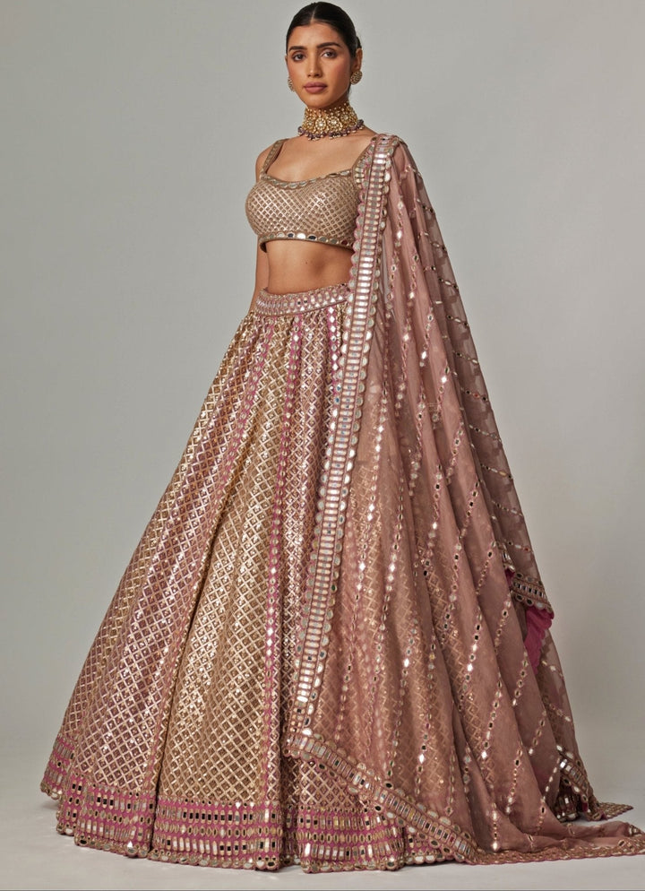 Beige And Blush Pink Metallic Lehenga With Sleeveless Blouse Vvani by Vani Vats - Fabilicious Fashion