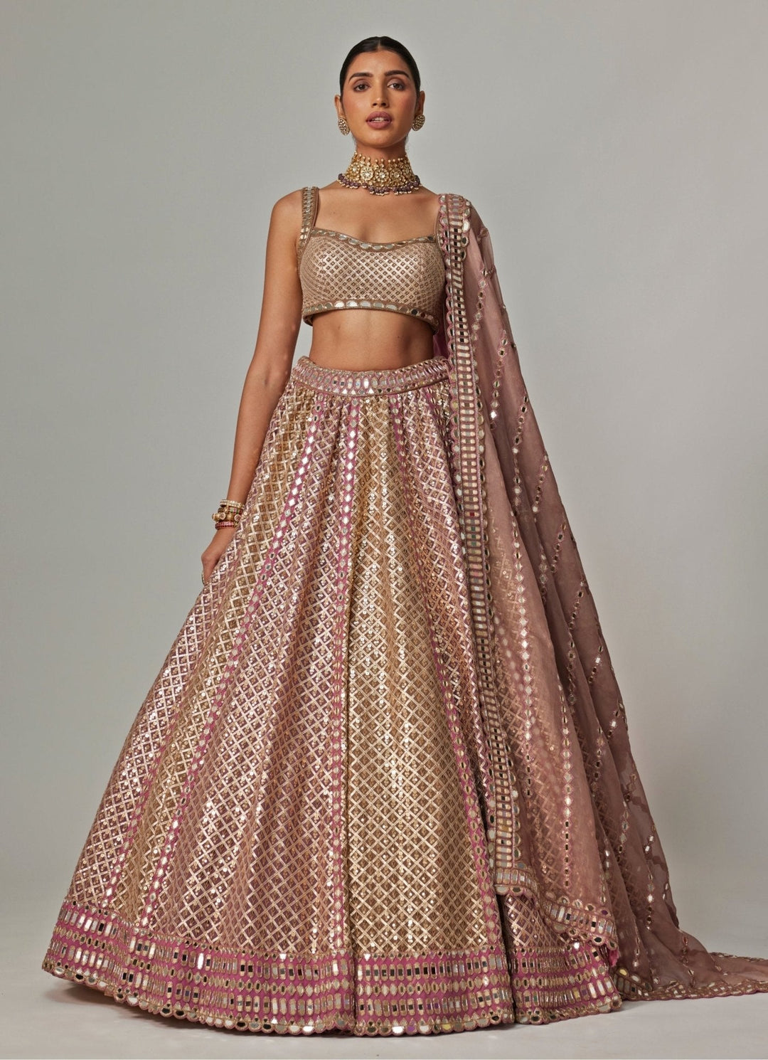 Beige And Blush Pink Metallic Lehenga With Sleeveless Blouse Vvani by Vani Vats - Fabilicious Fashion