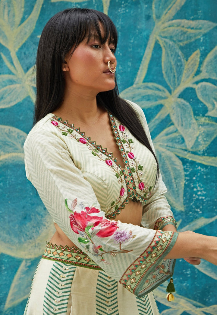 Beige And Green Floral Printed Tussar Lehenga Set Basil Leaf - Fabilicious Fashion