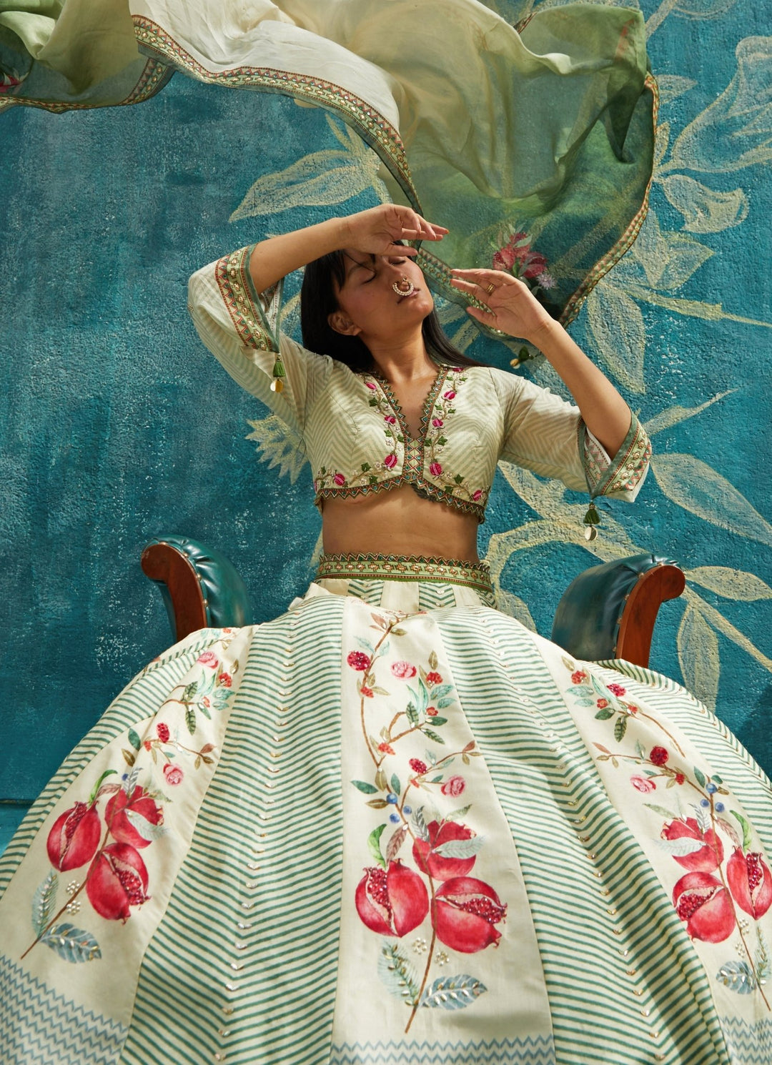 Beige And Green Floral Printed Tussar Lehenga Set Basil Leaf - Fabilicious Fashion