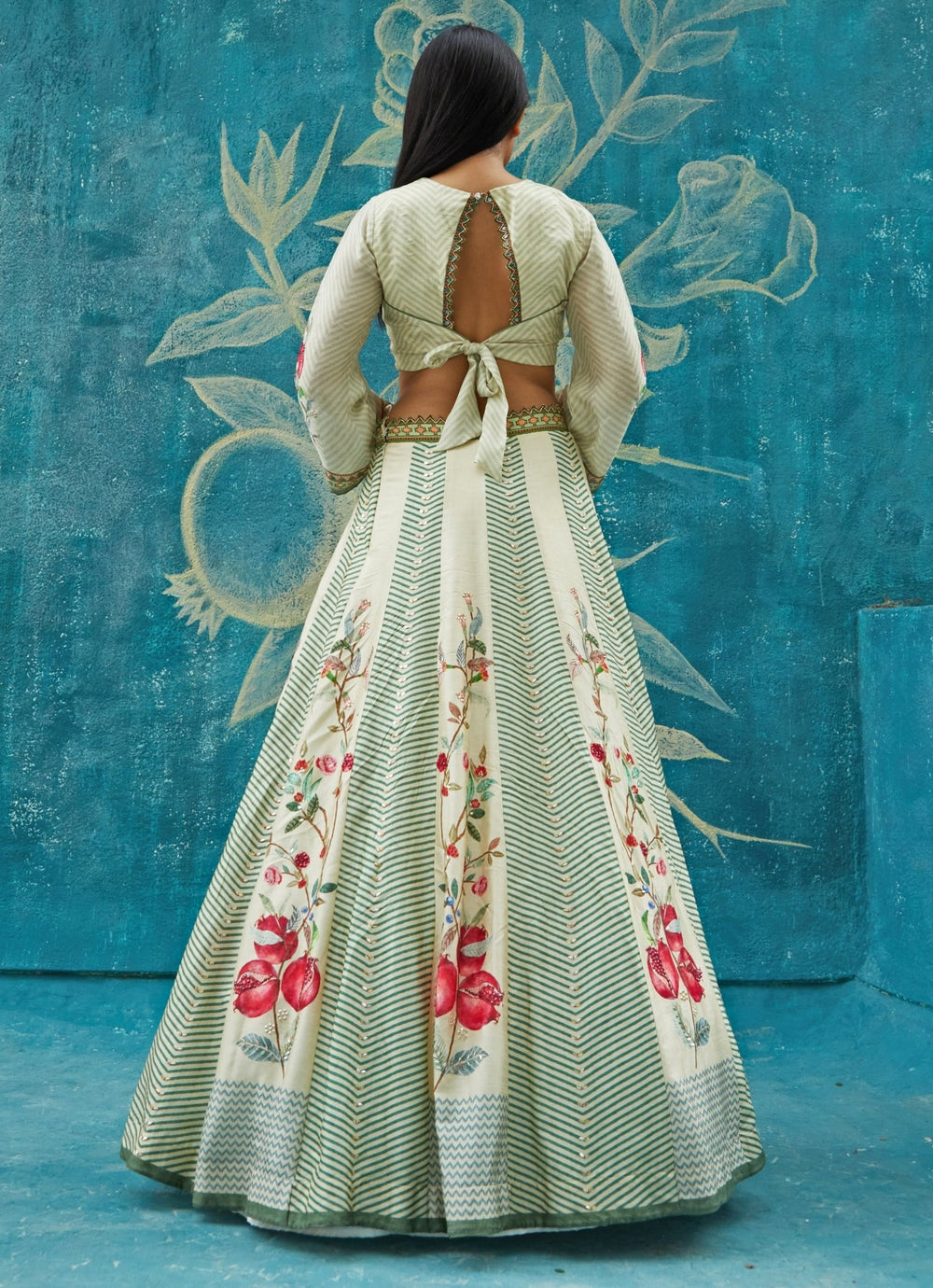 Beige And Green Floral Printed Tussar Lehenga Set Basil Leaf - Fabilicious Fashion