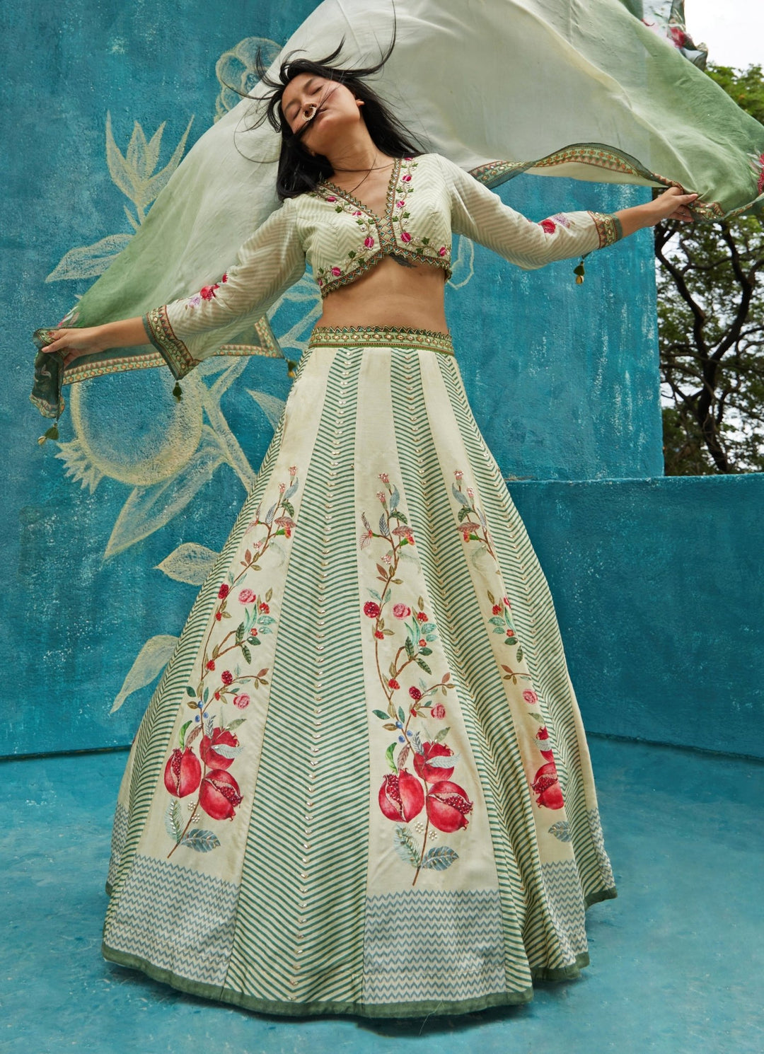 Beige And Green Floral Printed Tussar Lehenga Set Basil Leaf - Fabilicious Fashion