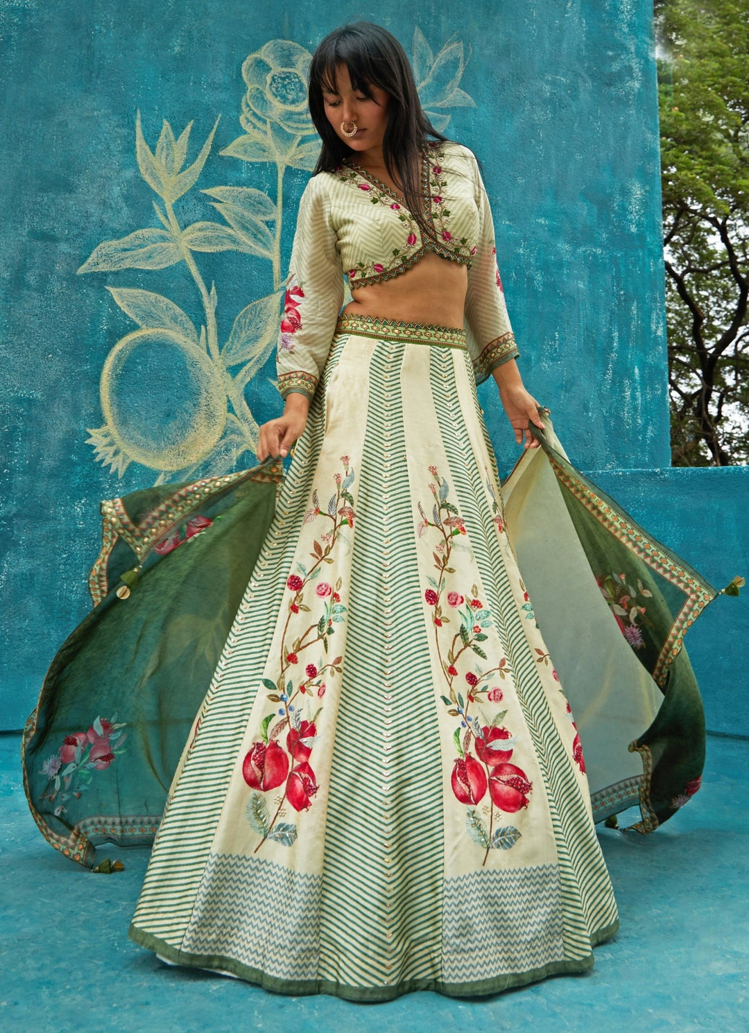 Beige And Green Floral Printed Tussar Lehenga Set Basil Leaf - Fabilicious Fashion