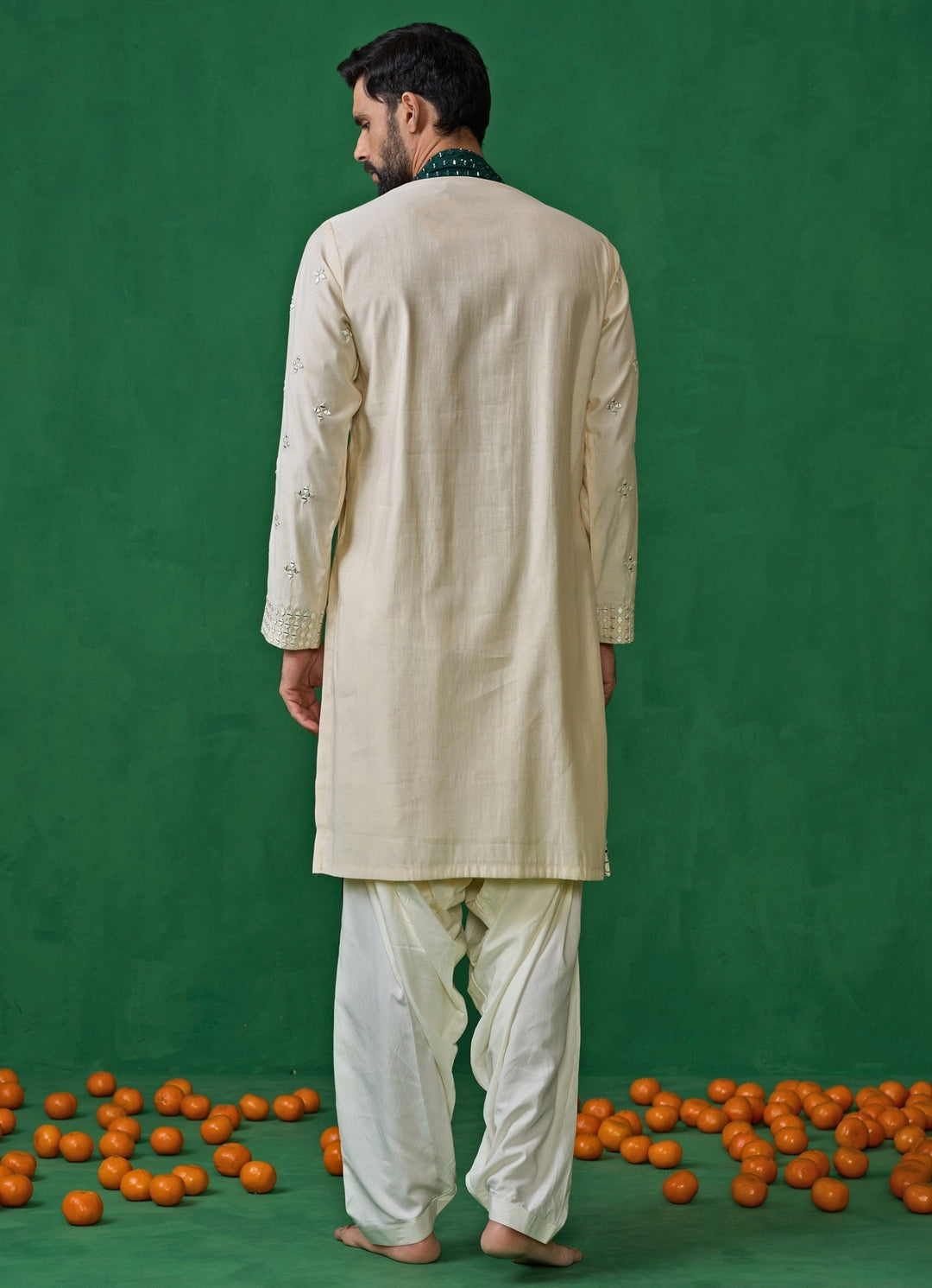 Beige And Green Mirror Embroidered Silk Kurta Set Kalpraag - Fabilicious Fashion