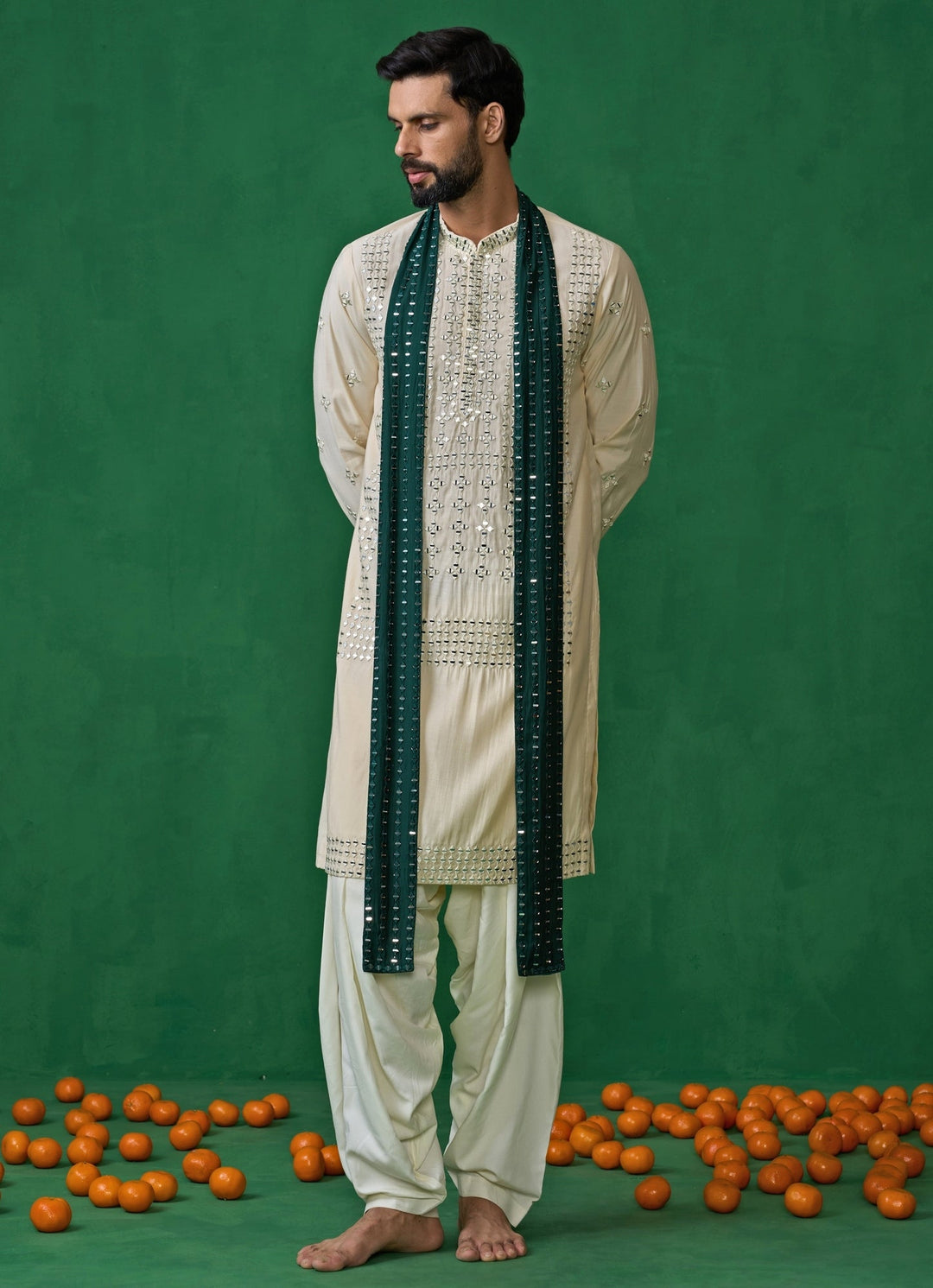 Beige And Green Mirror Embroidered Silk Kurta Set Kalpraag - Fabilicious Fashion