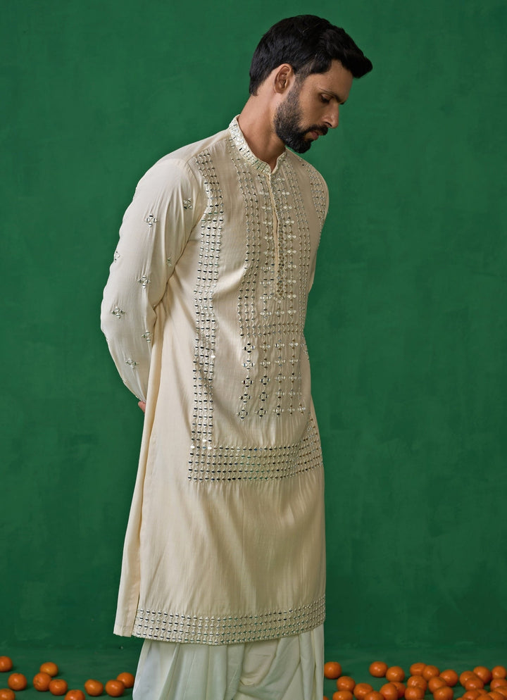 Beige And Green Mirror Embroidered Silk Kurta Set Kalpraag - Fabilicious Fashion