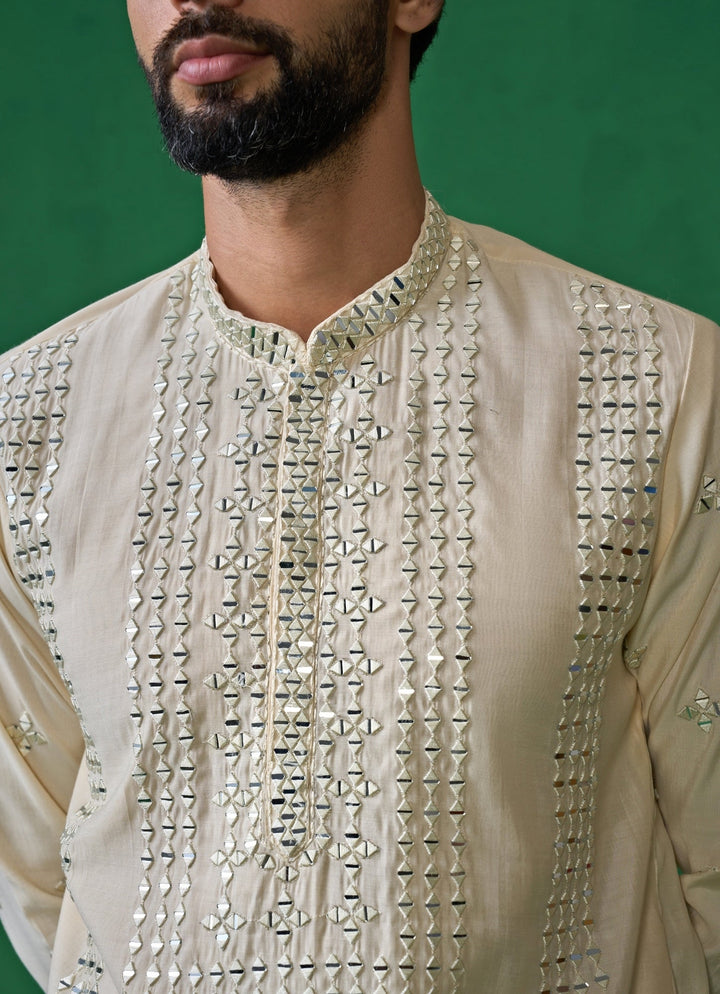 Beige And Green Mirror Embroidered Silk Kurta Set Kalpraag - Fabilicious Fashion
