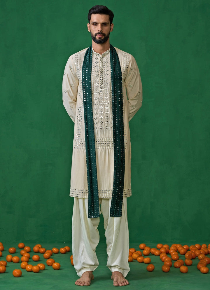 Beige And Green Mirror Embroidered Silk Kurta Set Kalpraag - Fabilicious Fashion