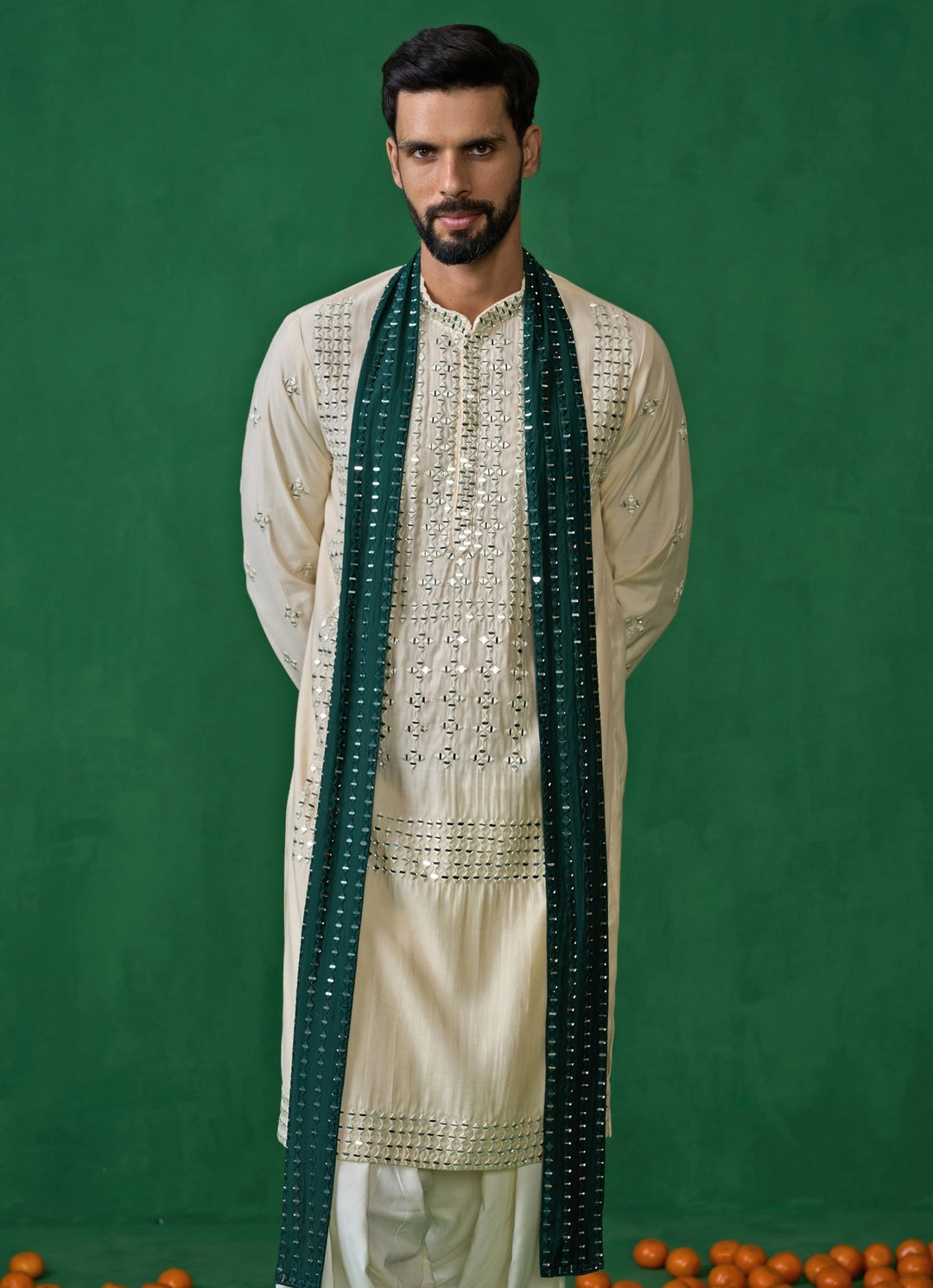 Beige And Green Mirror Embroidered Silk Kurta Set Kalpraag - Fabilicious Fashion