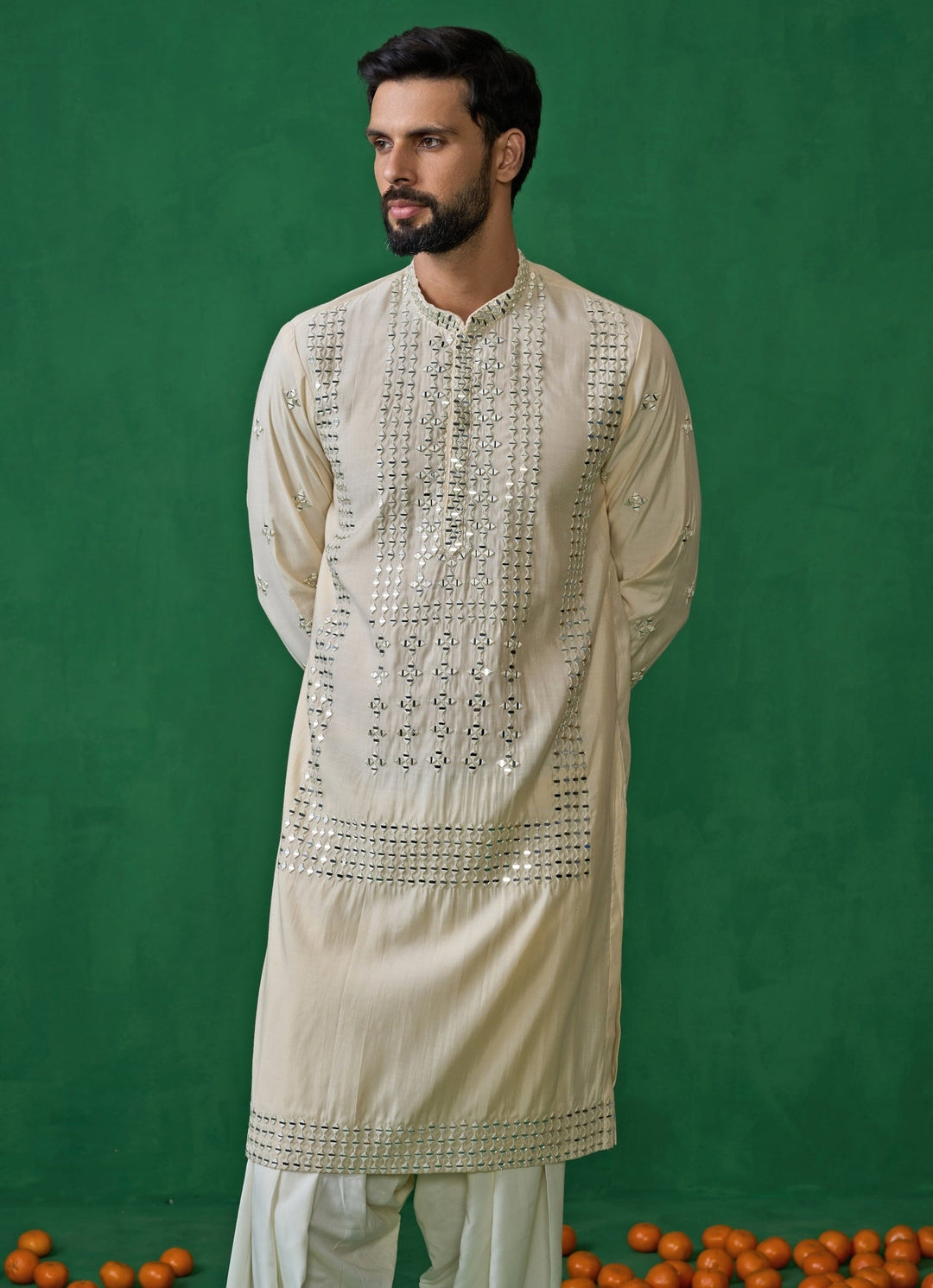 Beige And Green Mirror Embroidered Silk Kurta Set Kalpraag - Fabilicious Fashion