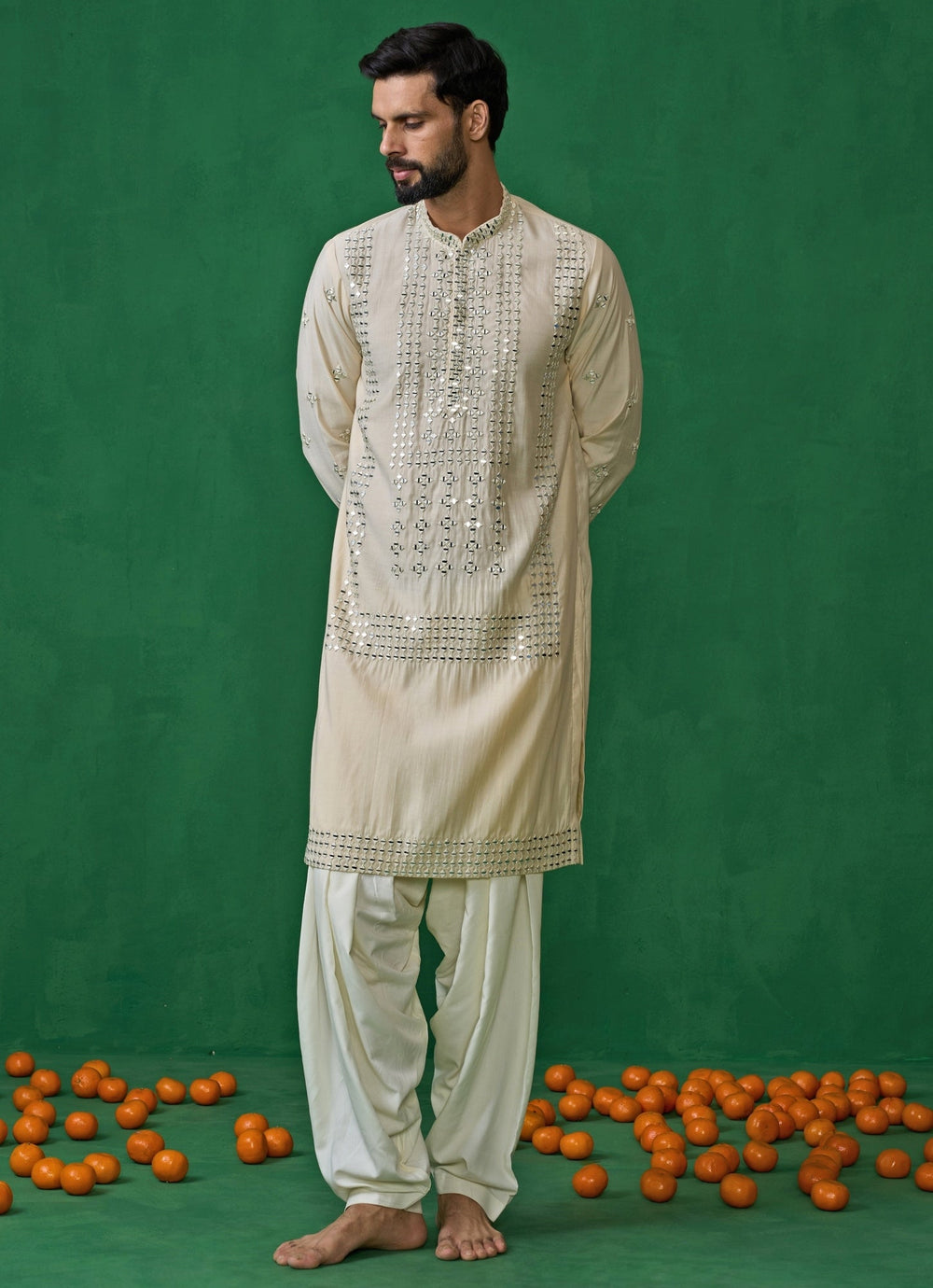 Beige And Green Mirror Embroidered Silk Kurta Set Kalpraag - Fabilicious Fashion