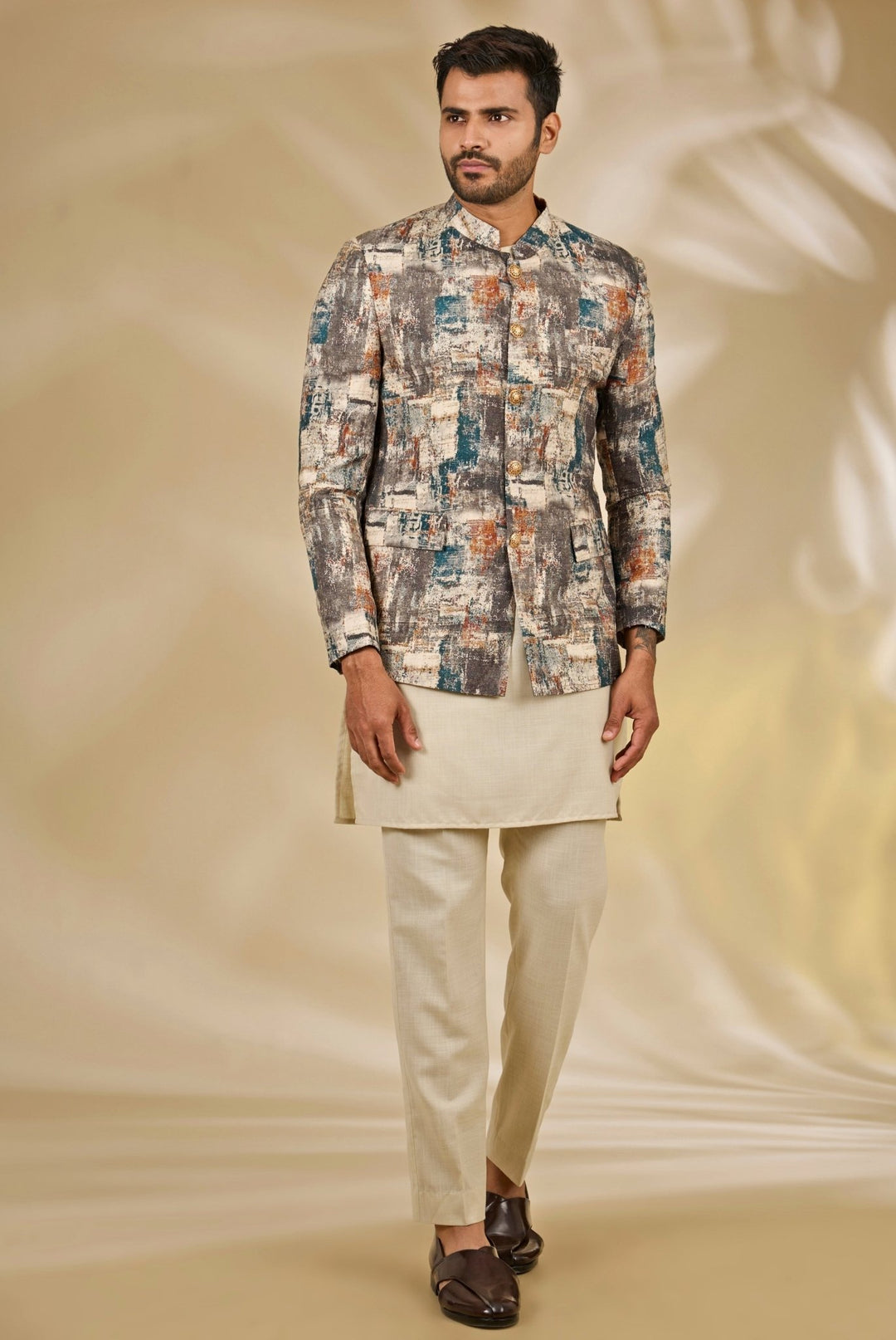 Manish Nagdeo Men Beige and Grey Printed Silk Bandhgala SetFabilicious Fashion