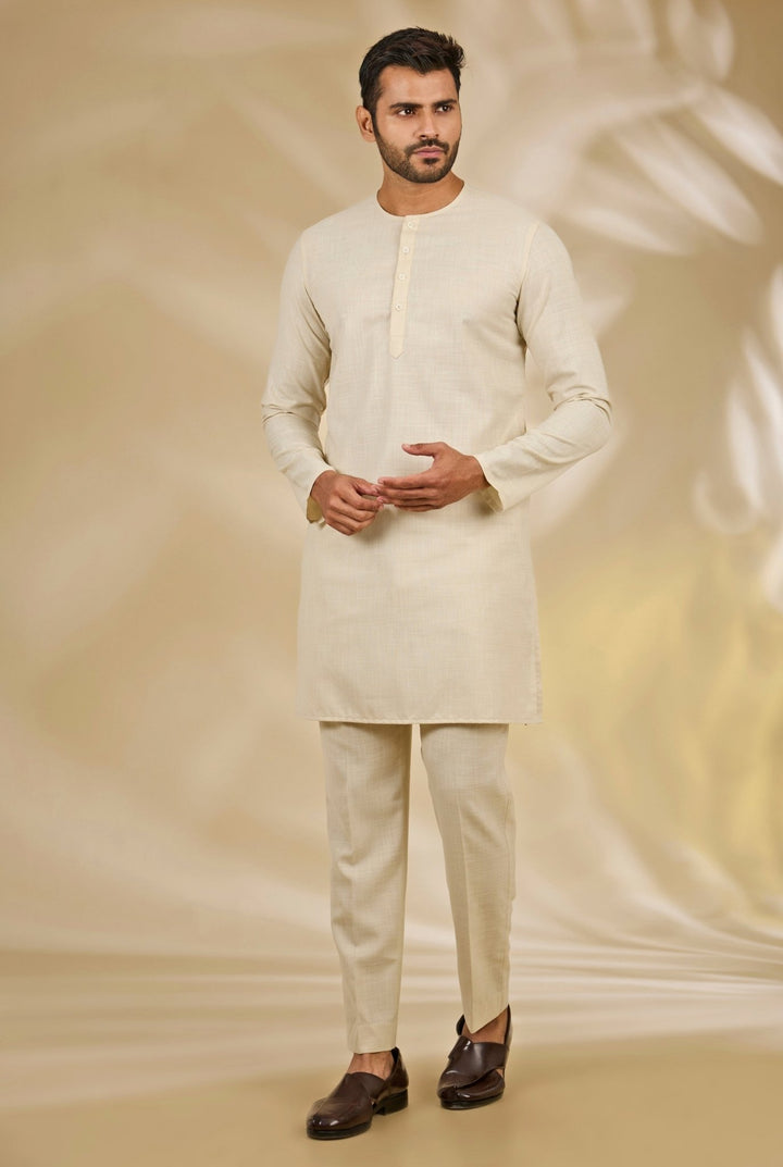 Manish Nagdeo Men Beige and Grey Printed Silk Bandhgala SetFabilicious Fashion