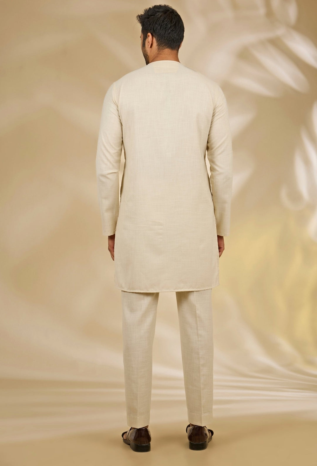 Manish Nagdeo Men Beige and Grey Printed Silk Bandhgala SetFabilicious Fashion