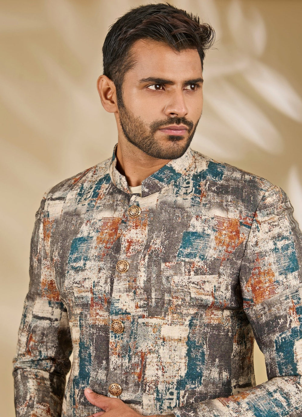 Manish Nagdeo Men Beige and Grey Printed Silk Bandhgala SetFabilicious Fashion