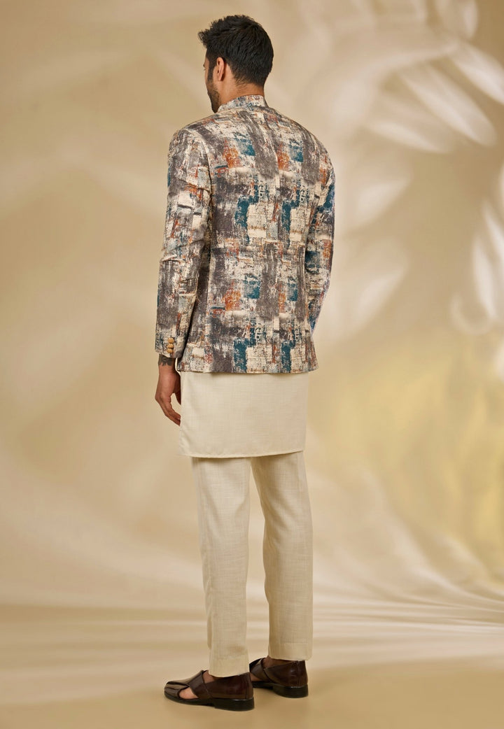 Manish Nagdeo Men Beige and Grey Printed Silk Bandhgala SetFabilicious Fashion
