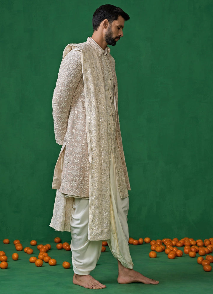 Beige And Ivory Floral Embroidered Georgette Sherwani Set Kalpraag - Fabilicious Fashion