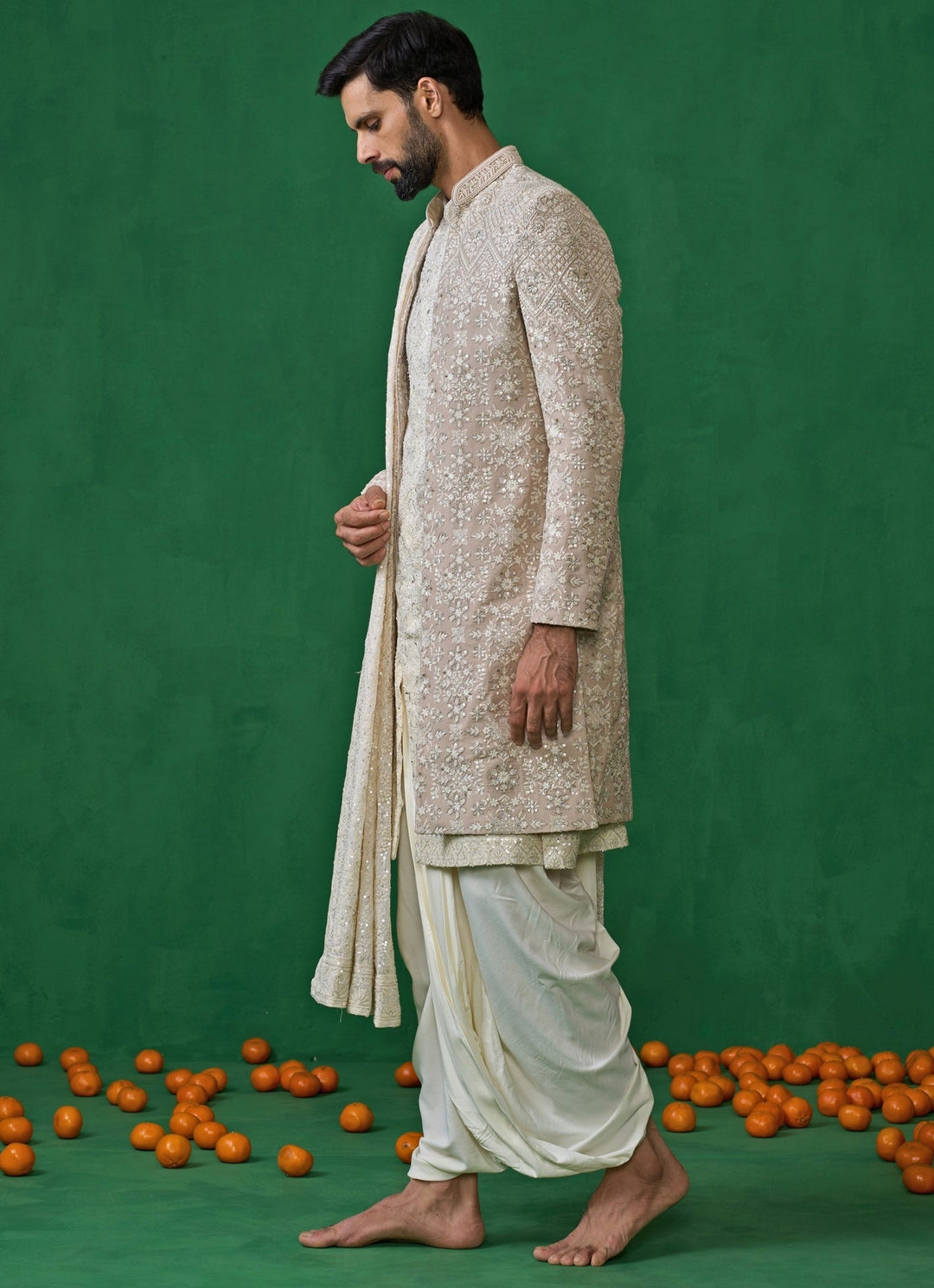 Beige And Ivory Floral Embroidered Georgette Sherwani Set Kalpraag - Fabilicious Fashion