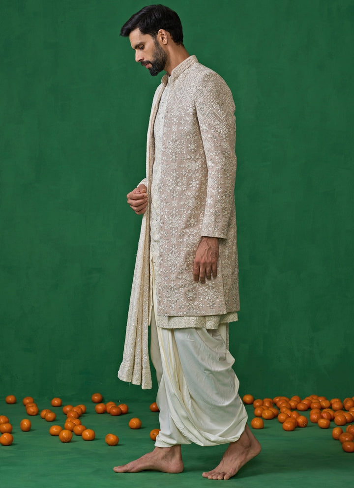 Beige And Ivory Floral Embroidered Georgette Sherwani Set Kalpraag - Fabilicious Fashion