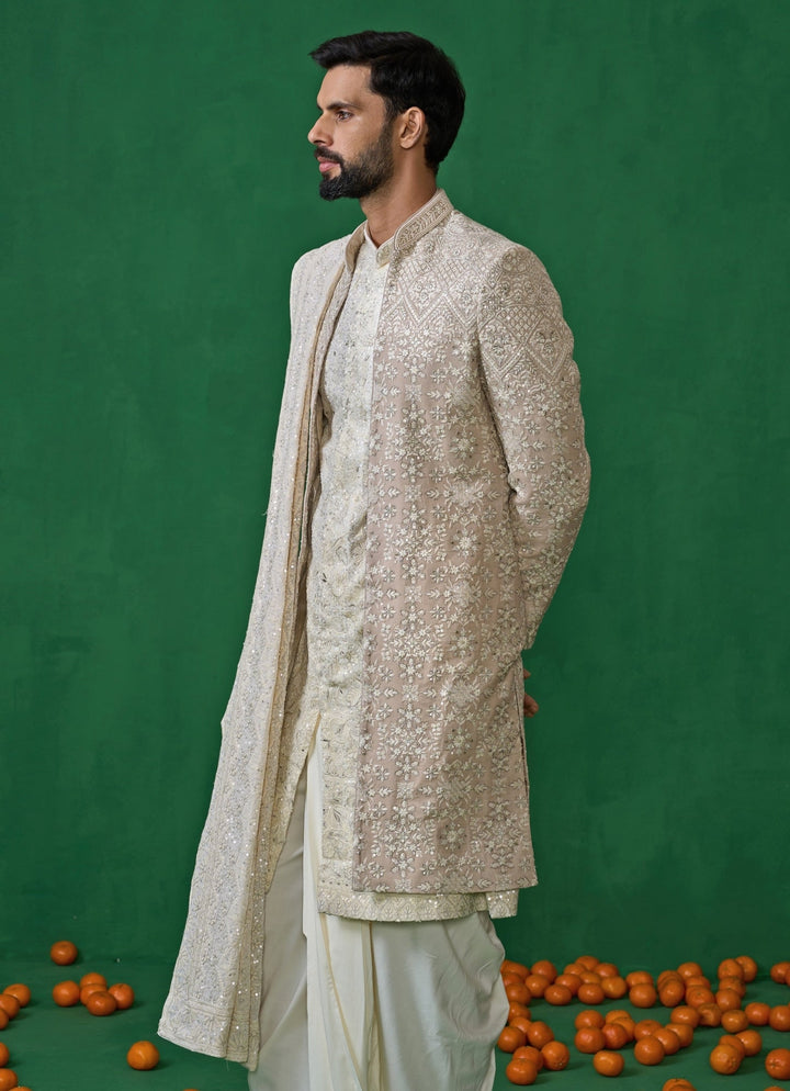 Beige And Ivory Floral Embroidered Georgette Sherwani Set Kalpraag - Fabilicious Fashion