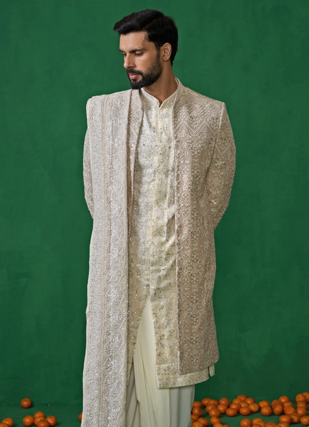 Beige And Ivory Floral Embroidered Georgette Sherwani Set Kalpraag - Fabilicious Fashion