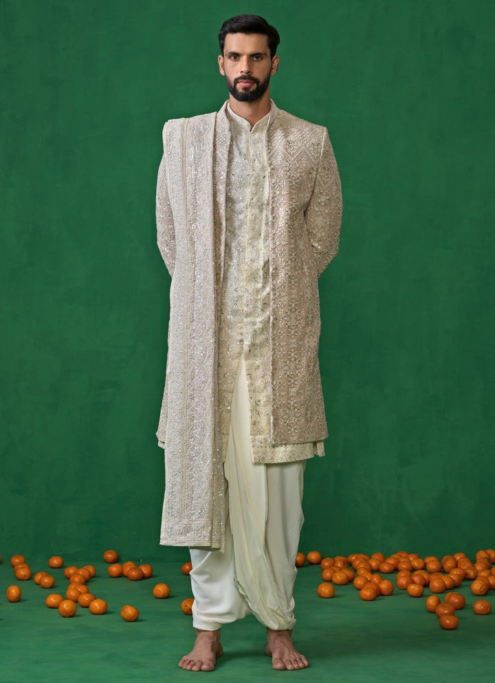 Beige And Ivory Floral Embroidered Georgette Sherwani Set Kalpraag - Fabilicious Fashion