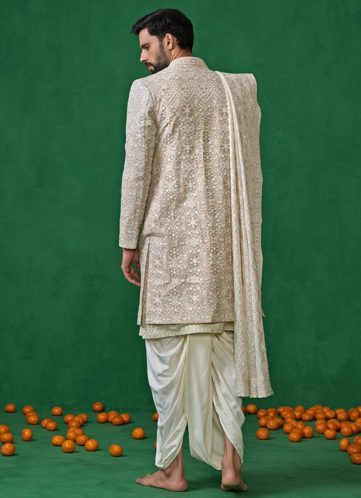Beige And Ivory Floral Embroidered Georgette Sherwani Set Kalpraag - Fabilicious Fashion