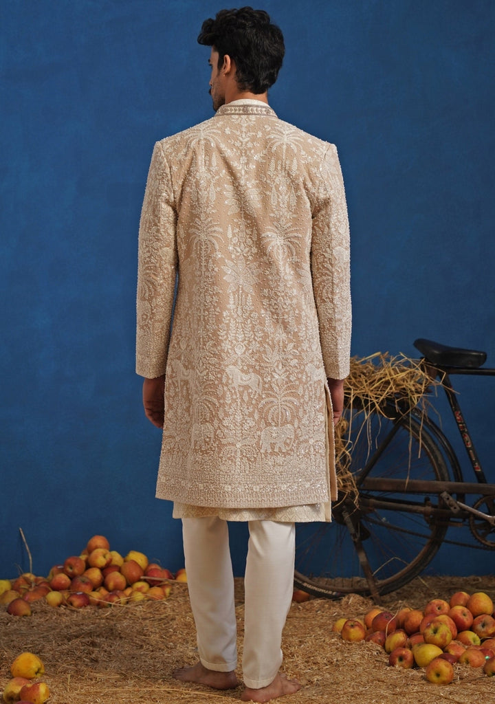 Beige and Ivory Georgette Sherwani Set Kalpraag - Fabilicious Fashion