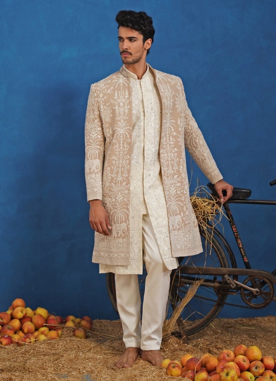 Beige and Ivory Georgette Sherwani Set Kalpraag - Fabilicious Fashion