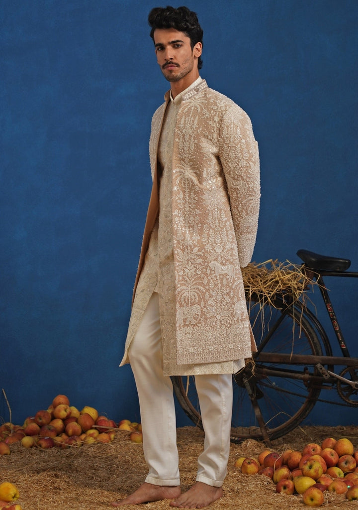 Beige and Ivory Georgette Sherwani Set Kalpraag - Fabilicious Fashion