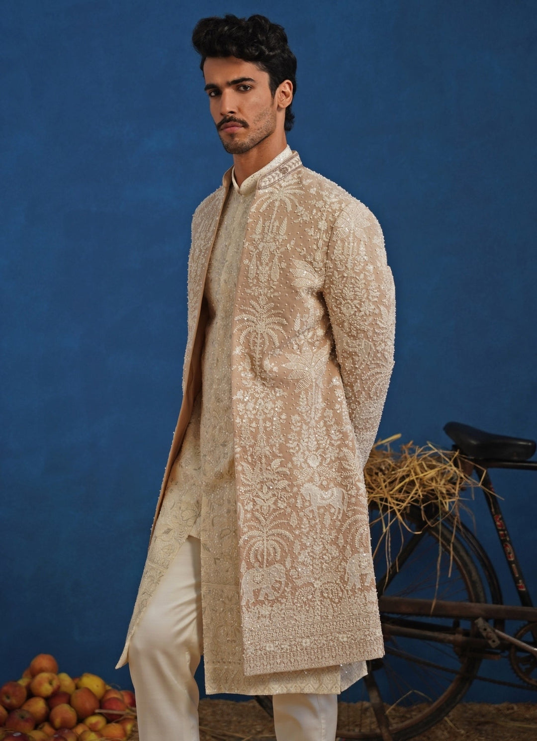 Beige and Ivory Georgette Sherwani Set Kalpraag - Fabilicious Fashion