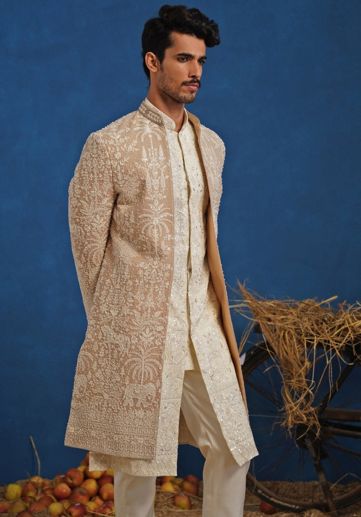 Beige and Ivory Georgette Sherwani Set Kalpraag - Fabilicious Fashion