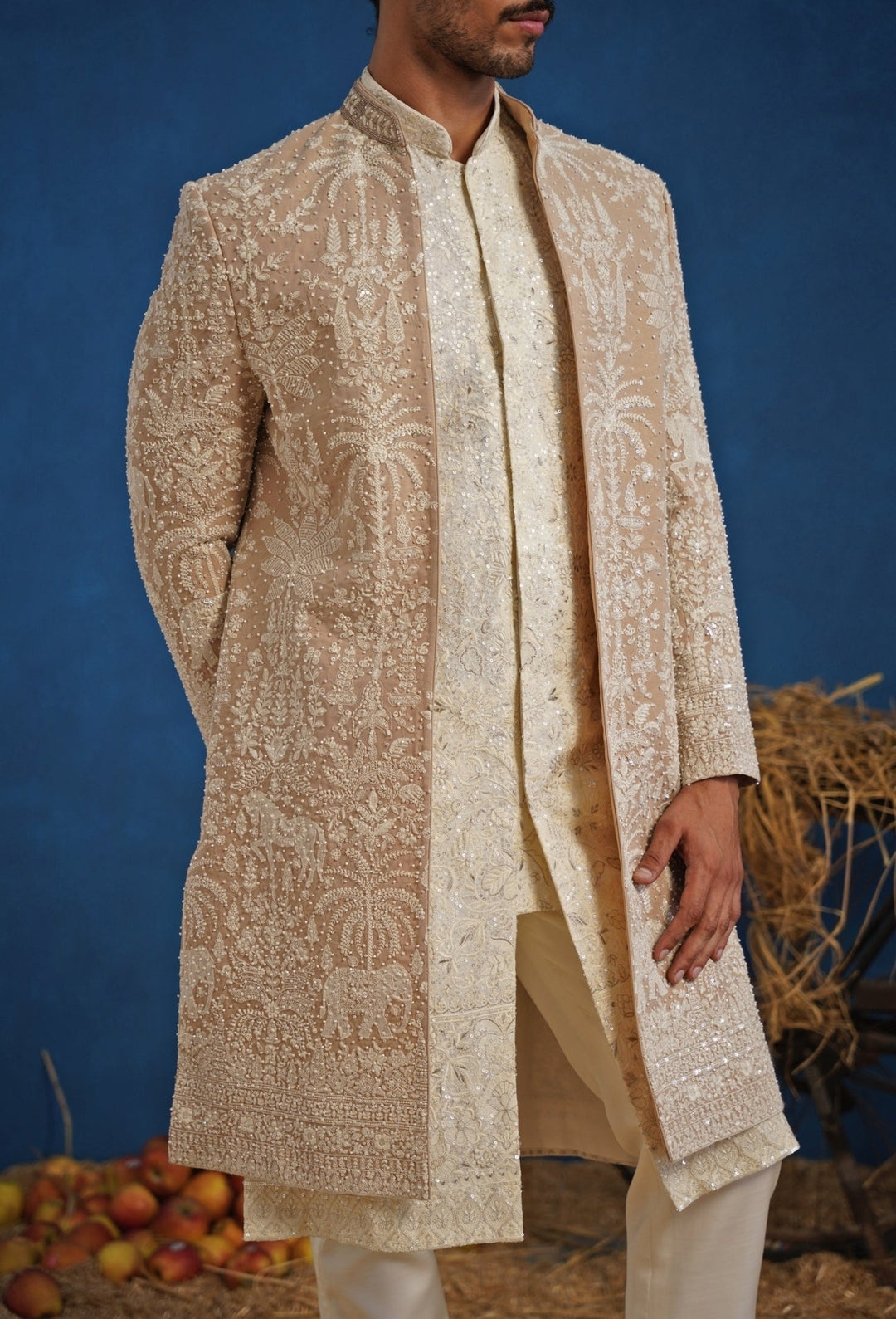 Beige and Ivory Georgette Sherwani Set Kalpraag - Fabilicious Fashion