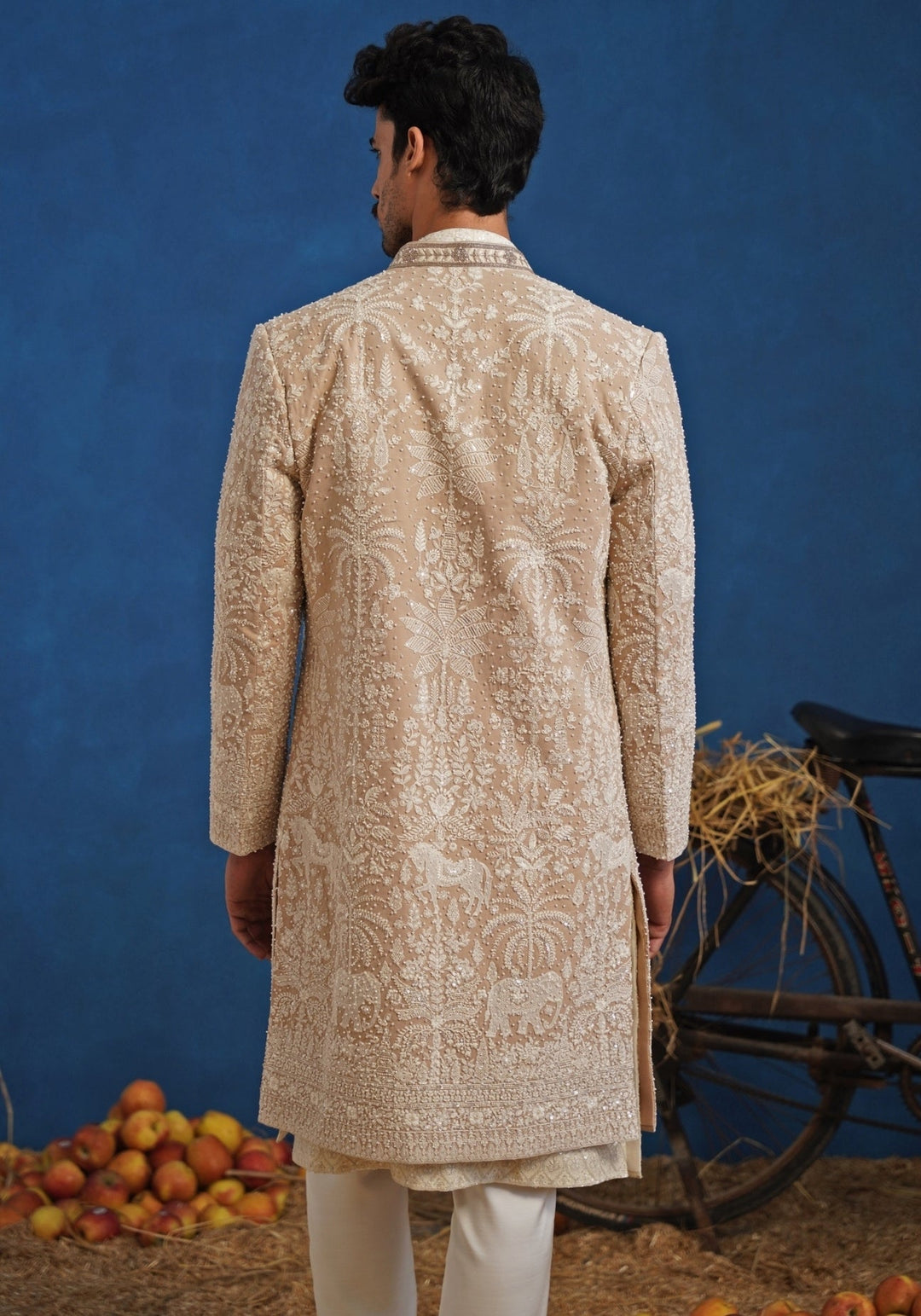 Beige and Ivory Georgette Sherwani Set Kalpraag - Fabilicious Fashion