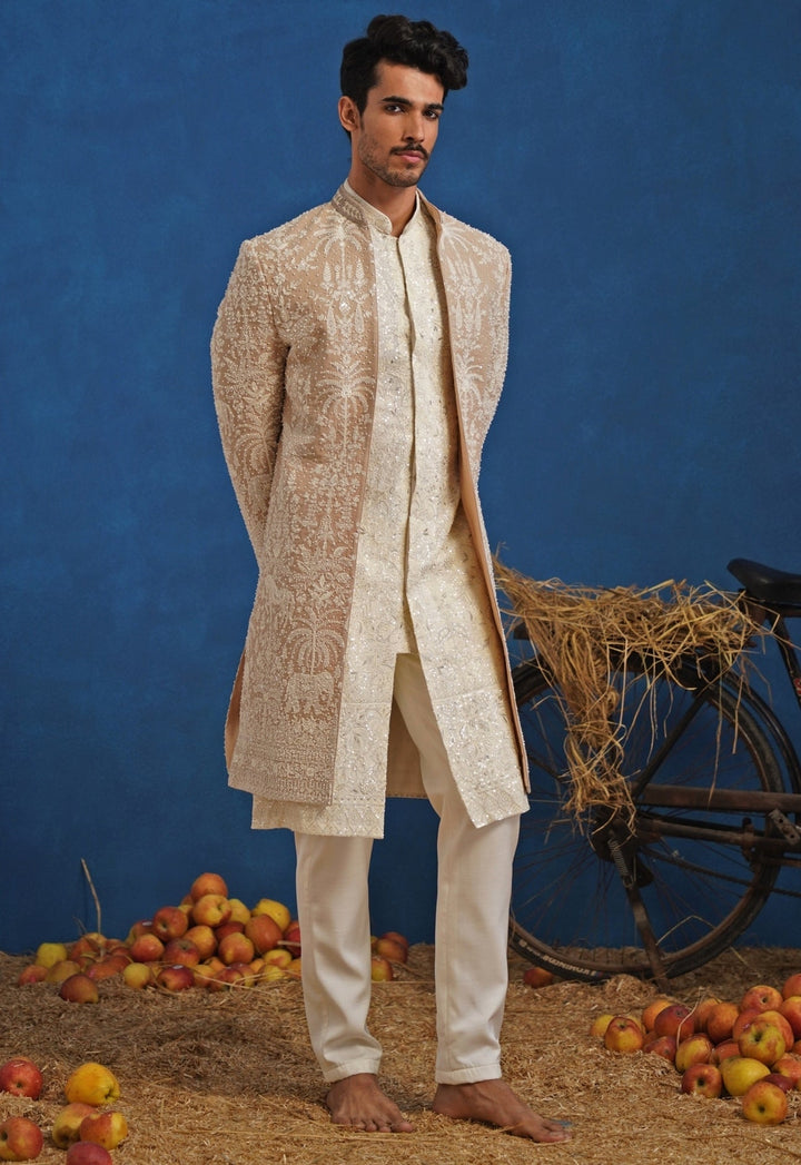 Beige and Ivory Georgette Sherwani Set Kalpraag - Fabilicious Fashion