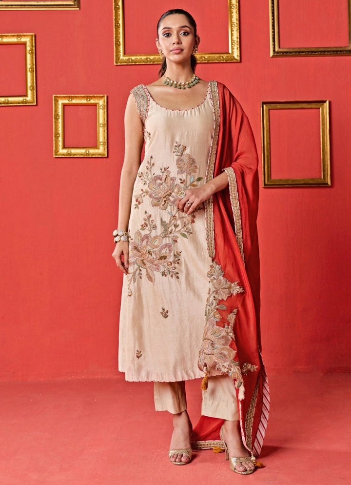 Beige And Orange Chanderi Kurta Pants Set Studio Bagechaa - Fabilicious Fashion