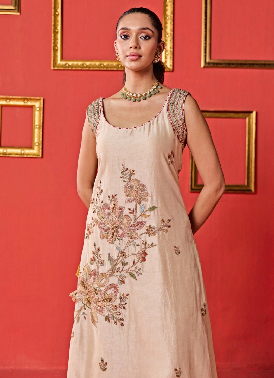 Beige And Orange Chanderi Kurta Pants Set Studio Bagechaa - Fabilicious Fashion