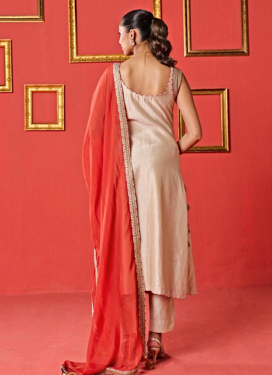 Beige And Orange Chanderi Kurta Pants Set Studio Bagechaa - Fabilicious Fashion