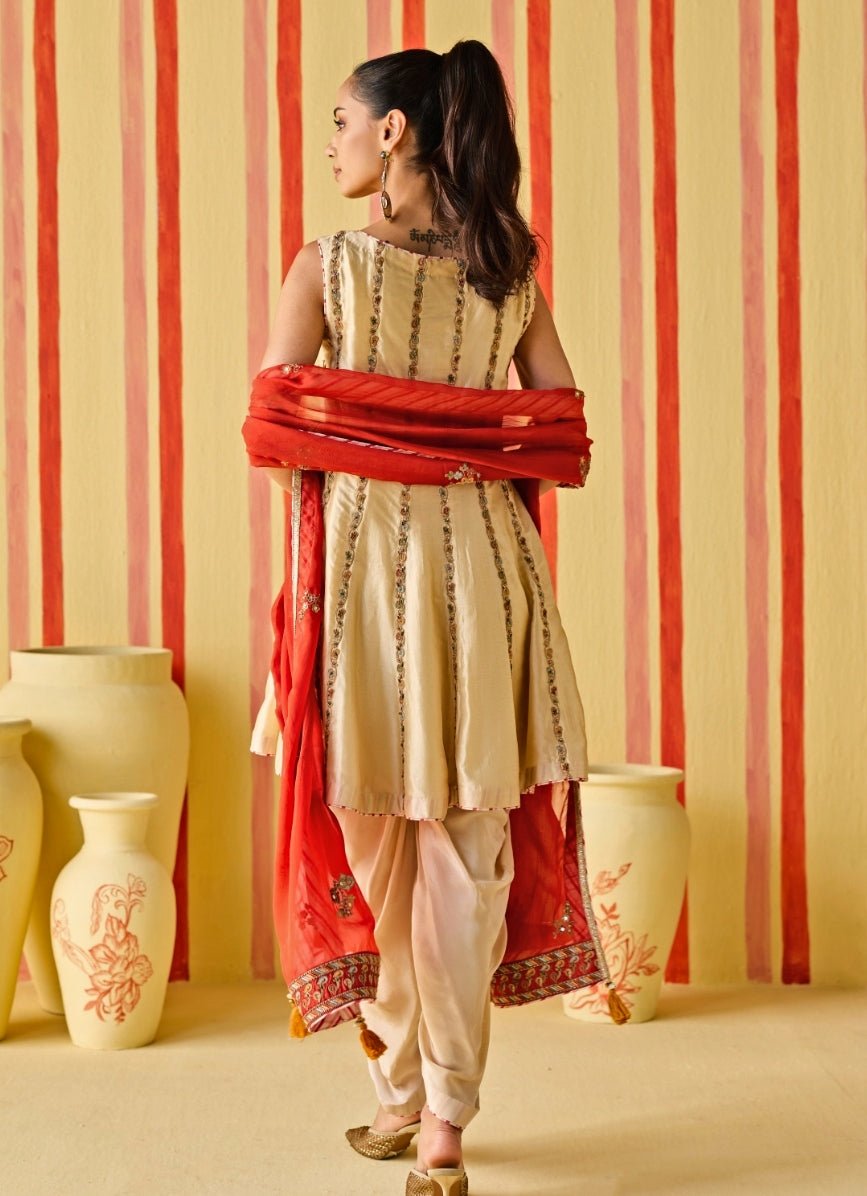 Beige And Orange Silk Kurta Dhoti Set Studio Bagechaa - Fabilicious Fashion