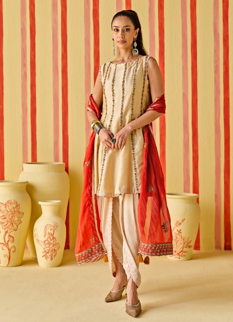 Beige And Orange Silk Kurta Dhoti Set Studio Bagechaa - Fabilicious Fashion